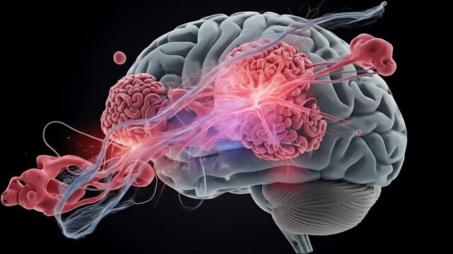 Brain with tumorous growths in red, against a black background, showing neural connections