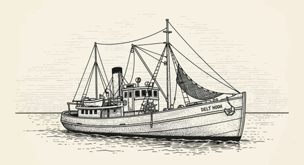 Vintage Black and White Fishing Boat Illustration. © Tukang