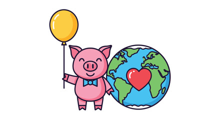 Pink pig with balloon beside Earth globe and heart