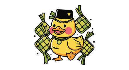 Duck in traditional hat surrounded by tied bundles of leaves money bundles