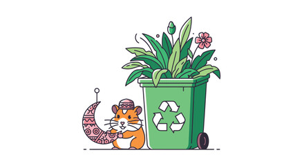 Cat with Recycling Bin and Plant Container in Urban Scene
