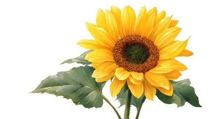 Fototapeta premium Large bright yellow sunflower with dark center and green leaves on long stems facing forward.