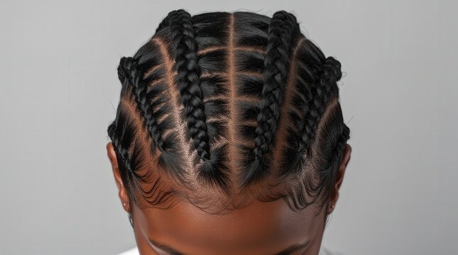 Close-up top view of a person's scalp showing neatly styled cornrow braids with defined parts against a plain background.