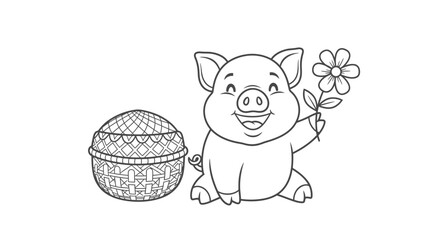 Cute Piglet with Flower and Basket