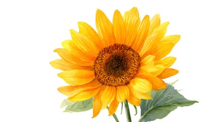 Obraz premium Bright yellow sunflower with large petals and dark brown center surrounded by green leaves and a small bud.