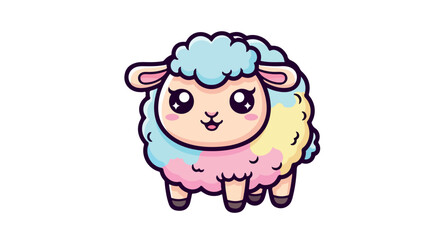 Fototapeta premium Colorful cartoon sheep with blue, pink, and yellow wool standing against a white background in a cute illustration.