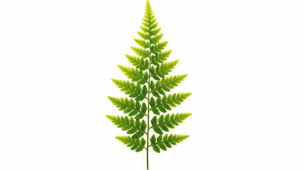 A vibrant green fern leaf with delicate, symmetrical fronds displayed on a clean white background.