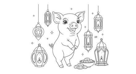Cute piglet with festive lanterns and coins for Eid or celebration