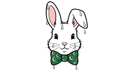 White rabbit with green bow tie decorated with moons and stars