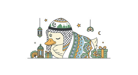Ducky in Traditional Middle Eastern Attire Resting with Lanterns Gifts and Moon