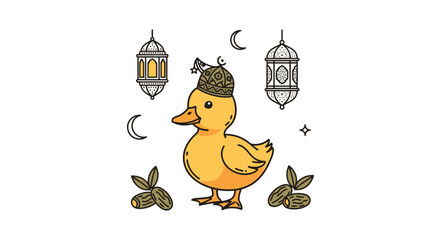 Duckling wearing fez among hanging lanterns and seeds at night