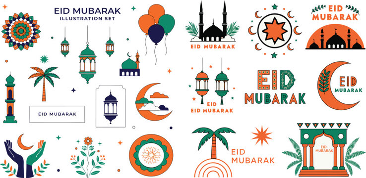 Vibrant Eid Mubarak illustration set with mosque and crescent moon elements