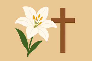 Flat vector illustration of a single lily flower beside a small wooden cross