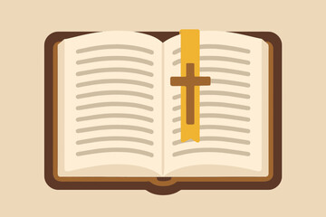 Flat vector illustration of a Bible opened to a page with a cross bookmark