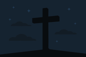 Flat vector dark sky with a prominent wooden cross silhouette