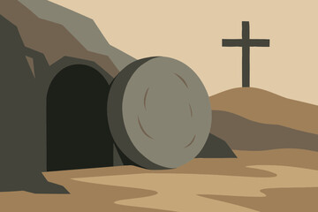 Flat vector scene of empty tomb entrance with rolled stone and cross in distance