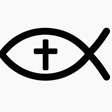 Flat vector simple ichthys fish symbol combined with a small cross inside