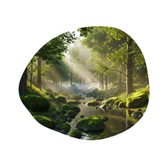 Serene forest scene with sunbeams shining through trees isolated on transparent background