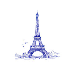 Obraz premium Eiffel Tower sketch graphic blue on black background