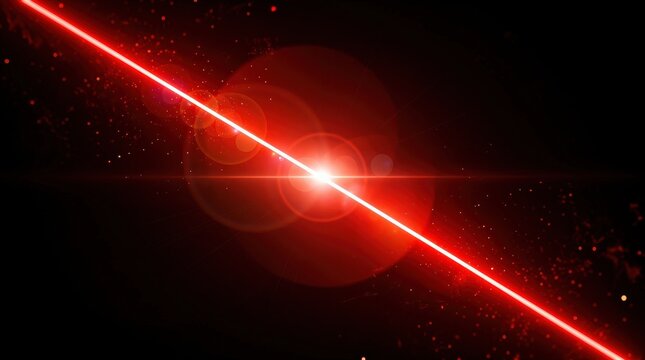 A bright red laser beam cuts diagonally across a dark background with glowing light flares and scattered particles.