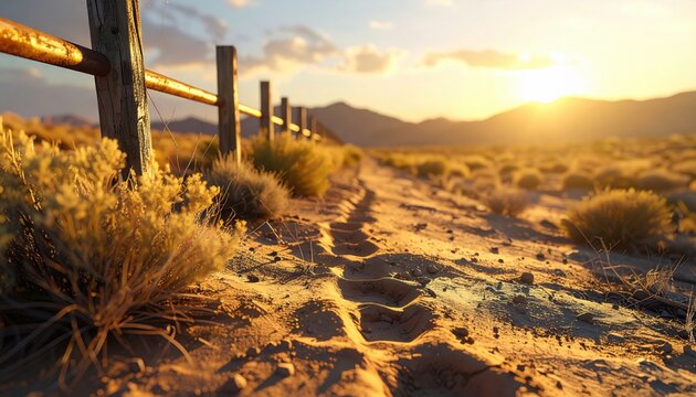 Golden Hour Light Emphasizing Trampled Earth Patches at a Sturdy Barrier
