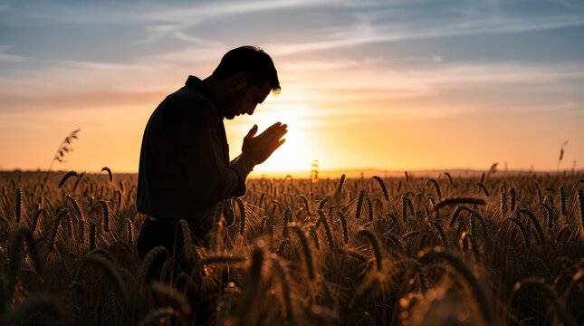 A man stands in a wheat field at sunset, hands clasped in prayer or contemplation, surrounded by golden crops under a colorful sky.