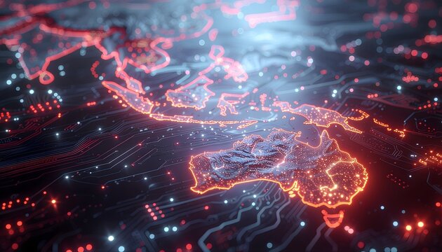 Futuristic 3D Holographic Map Interface with Digital Data Visualization