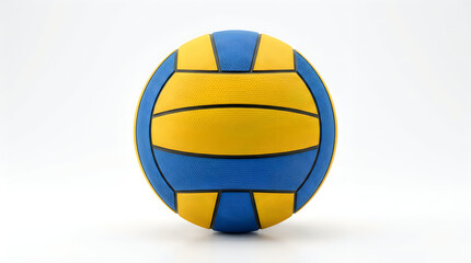 Bright colored water polo ball with blue and yellow panels shown clearly