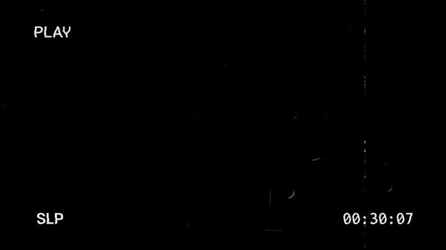 Retro VHS overlay with play icon, slp mode, timer, distorted static lines animation