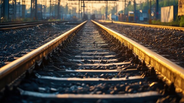 Metal railroad tracks leading towards distant horizon outdoors