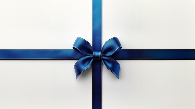 Blue satin ribbon with bow on white isolated background, horizontal layout with large copy space for greeting card, banner, sale or festive packaging design. Generative AI.