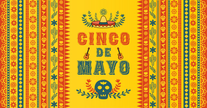 Festive Cinco de Mayo 2026 vector illustration banner with Mexican folk art elements and decorations. Festive Mexican pattern background. Great for cards, posters, banners and social media.