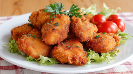 Fototapeta premium Fried chicken nuggets served with lettuce leaves, fresh tomatoes and herbs, crispy fast food dish, homemade style, casual lunch or dinner and comfort food concept