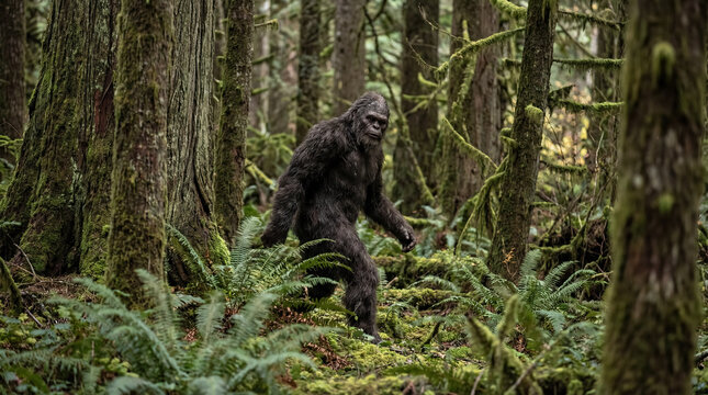 Bigfoot in the forest, hairy monster mysterious sasquatch among trees and ferns