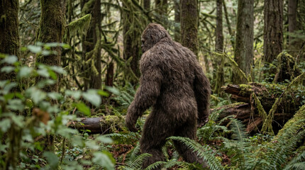 Obraz premium Bigfoot in the forest, hairy monster mysterious sasquatch among trees and ferns