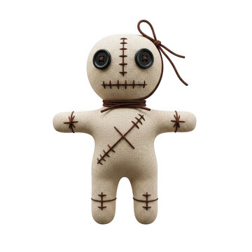 A vintage style voodoo doll with a sinister expression and a keychain attachment isolated on transparent background