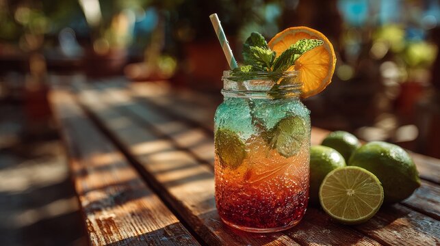 Colorful layered drink in mason jar with mint and citrus garnish