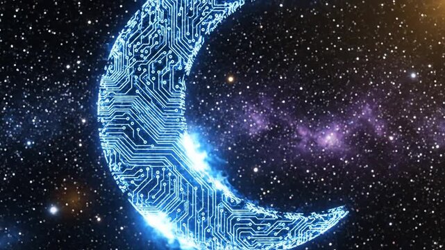 Glowing blue crescent moon with circuit board pattern in space with stars and galaxies in background for technology or astronomy concepts