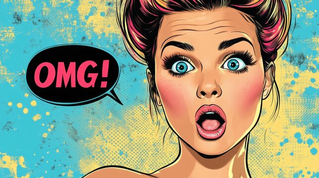 Pop art illustration of surprised woman with speech bubble saying OMG