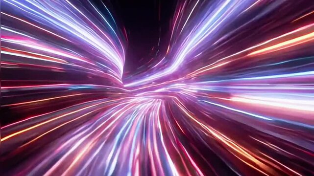 Abstract vibrant neon light trails forming a futuristic tunnel, symbolizing high-speed data transfer, digital connectivity, and the rapid flow of information through advanced networks