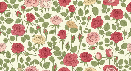 Elegant hand-drawn rose pattern with vibrant red, pink, yellow blooms, buds, and green leaves on a light background