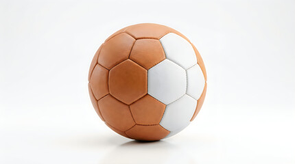 Brown and white leather soccer ball on plain light background