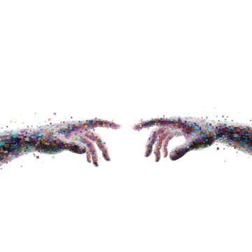 Digital hands reaching touching creating pixelated connection