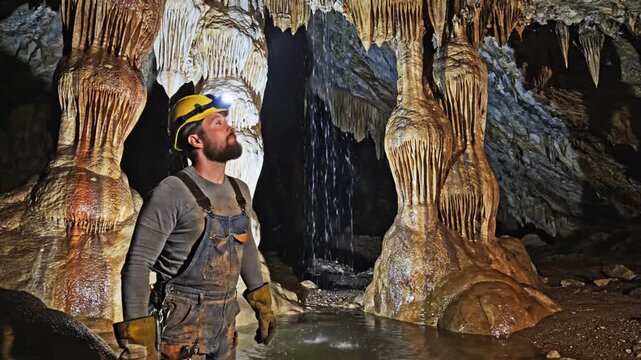 Man wearing helmet and harness exploring large cave with stalactites and stalagmites, looking up in awe, underground adventure