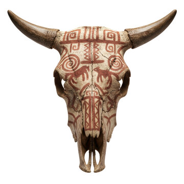 Decorated cow skull with ancient tribal patterns and animal imagery