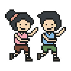 Fototapeta premium Cartoon of couple in love run or running marathon jogging race dance together with lifestyle,8 bit,pixel art,exercise,man and woman.