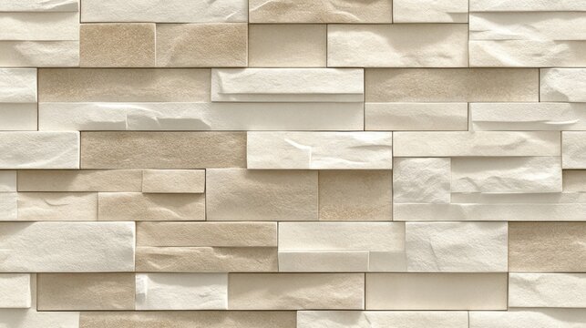 Textured stacked stone cladding with a mix of sandy beige and light cream shades