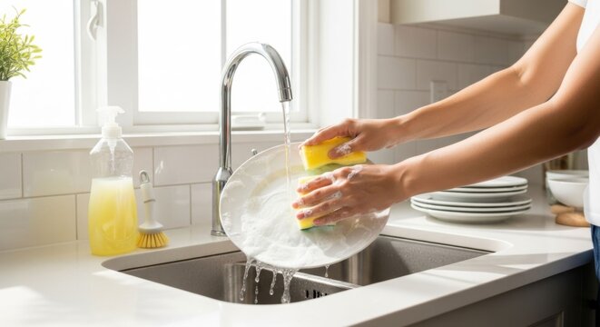 Woman washing dishes in kitchen sink with running water and sponge