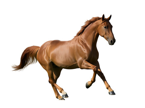 Running Horse, Chestnut Horse Freely Cantering on White Background 