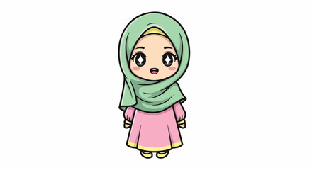 Obraz premium Cartoon illustration of a smiling young girl wearing a green hijab and pink dress on a white background.